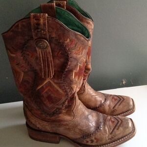 Corral Western Boots Distressed Leather Geometric Inlay Square Toe Women's